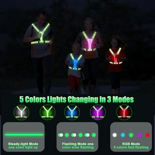 LED Reflective Vest Running Gear, 5 Colors Lights Up Running Vest Rechargeable for Night Walking Running Cycling Jogging, Adjustable Size for Men Women Kids