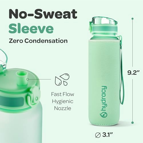 Hydracy Water Bottle with Time Marker -Large BPA Free Water Bottle & No Sweat Sleeve -Leak Proof Gym Bottle with Fruit Infuser Strainer & Times to Drink -Ideal for Fitness Sports & Outdoors