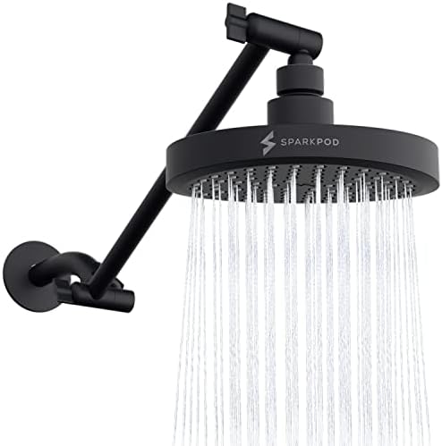 SparkPod Round Rain Shower Head with Extension Arm - Height Adjustable Shower Head with High Pressure Performance - Easy 1-Minute Installation (11" Arm Extension, Midnight Black Matte)