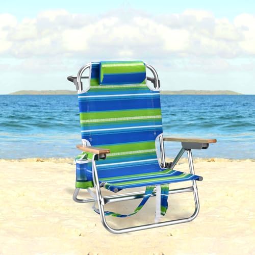 Backpack Beach Chairs for Adults Capacity 300 LBS Low 5 Position Beach Chair with Pouch Straps Folding Lightweight Reclining Aluminum Wide Lay Flat Single