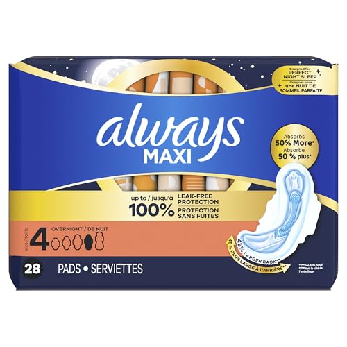 Always Maxi Overnight Pads with Wings, Size 4, Overnight, Unscented, 28 Count x 3 (84 Count Total) (Packaging May Vary)