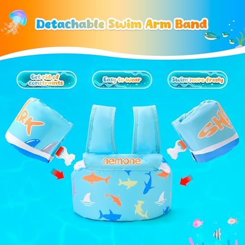NEMONE Toddler Swim Vest for 22-70 lbs Kids Floaties Swim Jacket with Arm Water Wings for Girls Boys 2 3 4 5 6 7 Years Old Sea Beach Pool