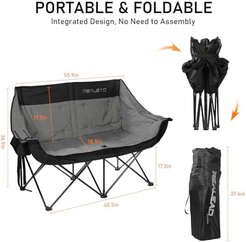 REALEAD Double Camping Chair - Oversized Camping Loveseat for Adults Two Person Support 650 lbs - Heavy Duty Folding Camp Chair with Cooler Bags for Outdoor Sports Beach