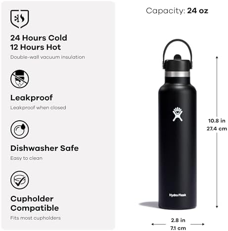 Hydro Flask 24 Oz Stainless Steel Standard Mouth Water Bottle with Flex Straw Cap and Double-Wall Vacuum Insulation