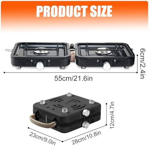 2 Burner Propane Stove with Grill, 18,000 BTU, Portable Camping Stove, Foldable Camp Stove, Gas Stove with 2 Adjustable Burners, Piezo Ignition & Easy Carrying Handle (Black)