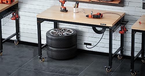 VEVOR Adjustable Workbench, 48" L X 24" W Garage Worktable with Universal Wheels, 28-39.5" Heights & 2000 LBS Load Capacity, with Power Outlets & Hardwood Top & Storage & Foot Pads, for Office Home