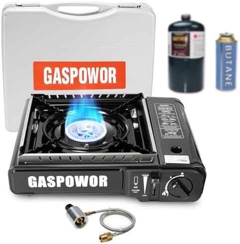 Dual Fuel Camp Stove with Windblocker, Propane or Butane Stove10000 BTU With Propane Adapter Hose and Carrying Case Propane Stove for Camping,Gas Portable Stove for Huting, Hikingļ¼Fuel not includedļ¼