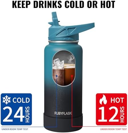 32oz Insulated Water Bottle with Straw, Stainless Steel Metal Vacuum Water Flask, Large Thermos Water bottle with Leakproof 3 Lids for Travel, Camping, Gym Sports Red