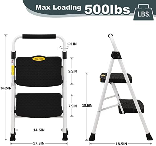 SocTone 2 Step Ladder, Folding Step Stool for Adults with Handle, Lightweight, Perfect for Kitchen& Household, 500lbs Capacity Sturdy Steel Ladder, White
