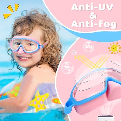Vvinca 2 Pcs Kids-Swim-Goggles with Nose Cover, Swimming Diving Mask Wide View Anti Fog UV Anti Shattered Lens for Kids 3-6