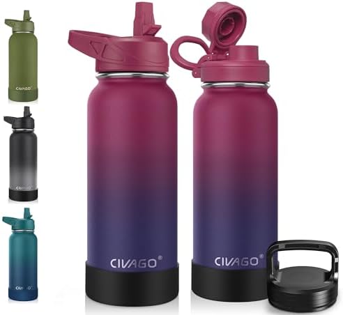 CIVAGO 32 oz Insulated Water Bottle With Straw, Stainless Steel Sports Water Cup Flask with 3 Lids (Straw, Spout and Handle Lid), Wide Mouth Travel Thermal Mug, Dark Rainbow