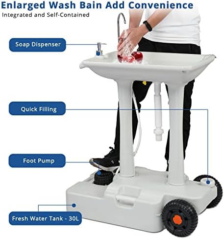 VINGLI 30L Upgraded Portable Sink| Rolling Hand Wash Basin Stand with Towel Holder & Soap Dispenser & Wheels, Perfect for Garden/Camping/Outdoor Events/Gatherings/Worksite/RV/Indoor, White