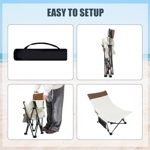 Compact Backpack Beach Chairs 2 Pack with Adjustable Backrest & Side Pocket, Low Folding Camping Chairs for Adults, Portable Reclining Chairs for Beach, Lawn, Travel
