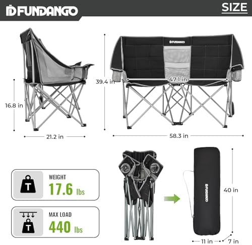 FUNDANGO Oversized Double Camping Chair, 660lbs Heavy Duty 2 Person Folding Padded Loveseat for Adults with Arm Cup Holder for Outdoor Patio Lawn Camp with Carry Bag (Black/Grey)