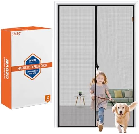 MAGZO Magnetic Screen Door 2 Pack Fit Door Size 32 x 80 Inch, Screen Size 34" x 81" Strong Magnets Mesh, Reinforced Fiberglass Net for Patio and Front Entrances, Gray
