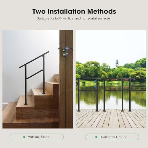 VIVOSUN Outdoor Handrail, 2 Step Stair Handrail, 26" × 36" Fits 1 to 2 Steps, Wrought Mattle Iron Handrail for Concrete Steps, Porch Steps, One-Step Assembly, Black