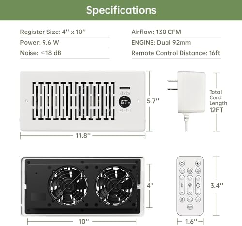 Register Booster Fan Fits 4” x 10” Register Holes, Smart Control Heating Cooling AC Vent Fan, 10-Speed Quiet Register Vent Booster Fans with Thermostat Control & Remote Control