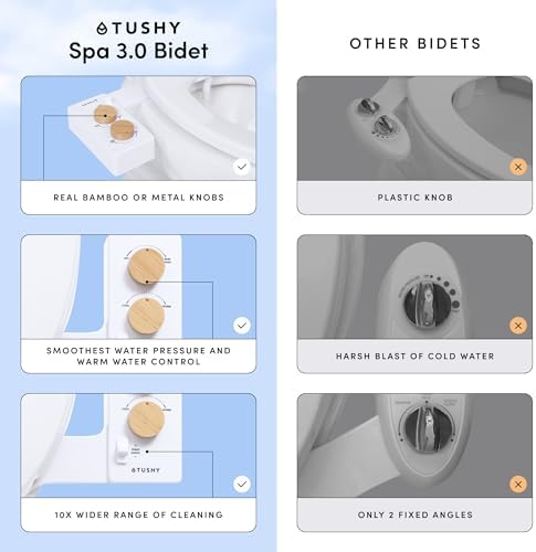TUSHY Spa Warm Water Bidet Attachment for Toilet. Universal Fit, Easy Install (Requires Sink Access for Optional Temperature Control) Self Cleaning, Adjustable Pressure, Angle Control, Platinum Knob