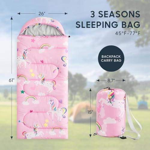 Wake In Cloud - Kids Sleeping Bag for Girls Toddlers, Camping in Warm Cold Weather, Backpacking Lightweight Compact Outdoor Liner for 3 Seasons Summer Spring Fall