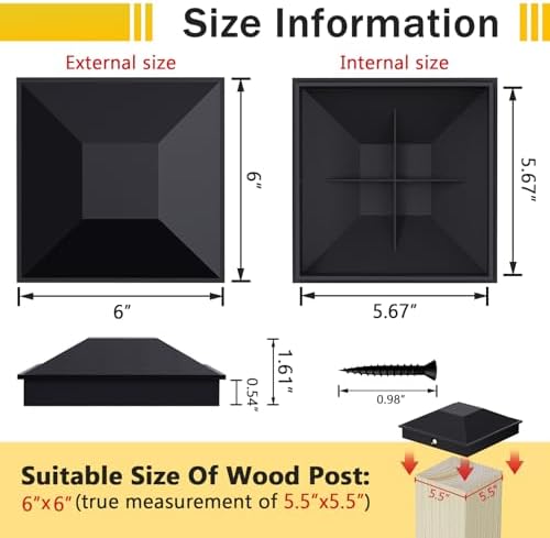 Goovilla 6x6 Post Caps Black(Actual 5.5" x 5.5"), 4 Pack Fence Post Caps with 8 Screws and Easy Installation, Sturdy Waterproof Plastic Deck Post Caps with Frosted Finishing Touch, Protect Wood Post