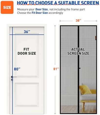 MAGZO Magnetic Screen Door Fit Door Size 36 x 80 Inch, Screen Size 38" x 81" Strong Magnet Door Mesh with Reinforced Hook & Loop for Patio Door, Front Door, Doorway, Black
