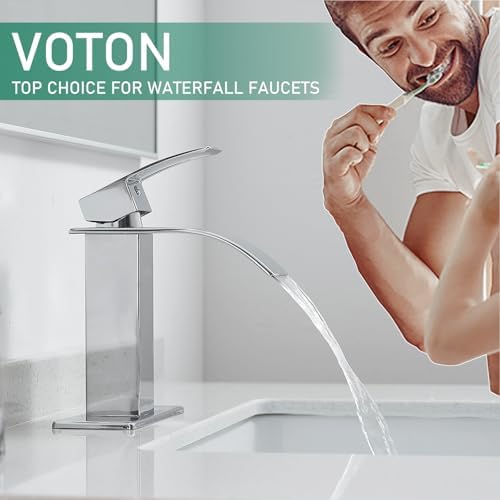 VOTON Chrome Bathroom Faucets Waterfall Bathroom Sink Faucet Modern Single Handle Bathroom Faucet for 1 or 3 Holes with Deck Plate and Pop-Up Drain, Rv Sink Camper Farmhouse Bathroom Faucet