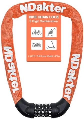 NDakter Bike Chain Lock, 5 Digit Combination Heavy Duty Anti Theft Bicycle Chain Lock,2.62/3.2/4.27/5/6Ft Long Security Resettable Bike Locks for Bike, Bicycle, Scooter, Door, Gate, Fence-4/6mm Thick