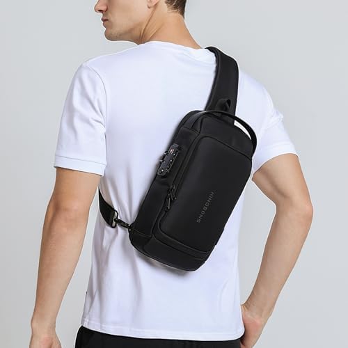 Kingsons Anti-theft Sling Backpack with Lock& Charger for Men, Small Black Casual Crossbody Bag, Mini Lightweight Chest Ipad Daypack for Travel Cycling Hiking