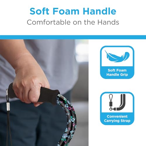 Designer Walking Cane with Offset Handle, Lightweight Adjustable Walking Stick with Carrying Strap,"Black w/Blue and Pink Flowers" Design, Black W/Blue and Pink Flowers