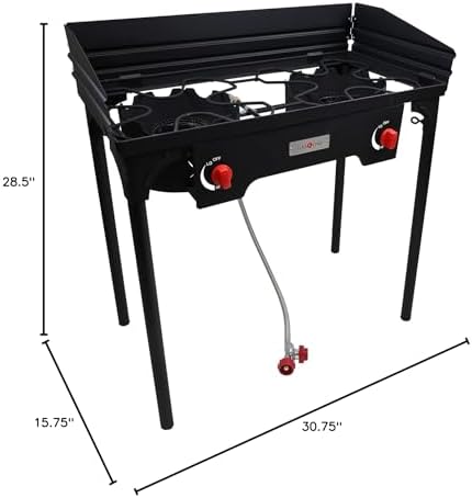Gas One Propane Double Burner Two Burner Camp Stove with Windscreen Outdoor High Pressure Propane 2 Burner Adjustable PSI Regulator and 4ft Steel Braided Hose With Removable Legs