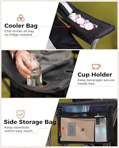 KingCamp Oversized Camping Folding Chair, Heavy Duty 450 LBS with Lumbar Support, Padded seat with Cup Holder&Cooler Bag, Ideal for Camp, Fishing, Sports event, Backyard, Patio, Lawn
