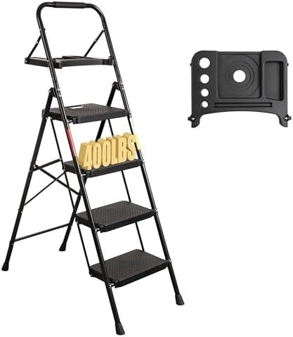 BONTEC 4-Step Ladder, 400lbs Max Load, Folding Step Stool with Tool Tray, Anti-Slip Pedals, Sturdy Steel, Lightweight Portable Ladder with Handrail for Home & Work Use, Black