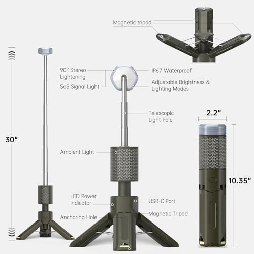 MORIKO Camping Lights Rechargeable Telescopic, Portable Collapsible Magnetic Lantern Camping Essentials, 10,500mAh IP67 Waterproof LED Flashlights, Camping Gear for Hiking Fishing Travel Emergency