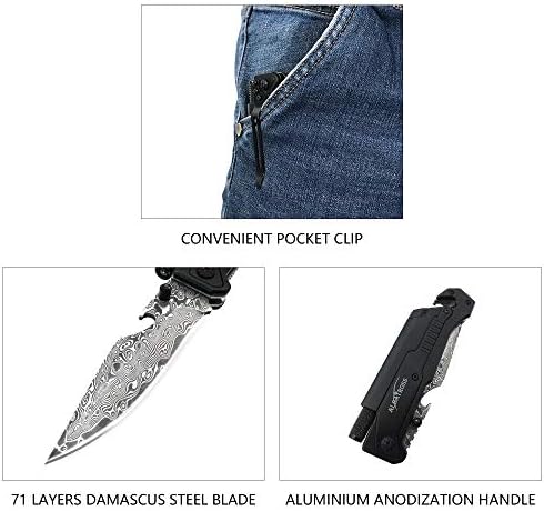 ALBATROSS 6-in-1 Modern Damascus Steel Folding Pocket Knives with LED Light,Seatbelt Cutter,Glass Breaker,Magnesium Fire Starter,Bottle Opener;Multi-Function Emergency Tool(Black-DA)
