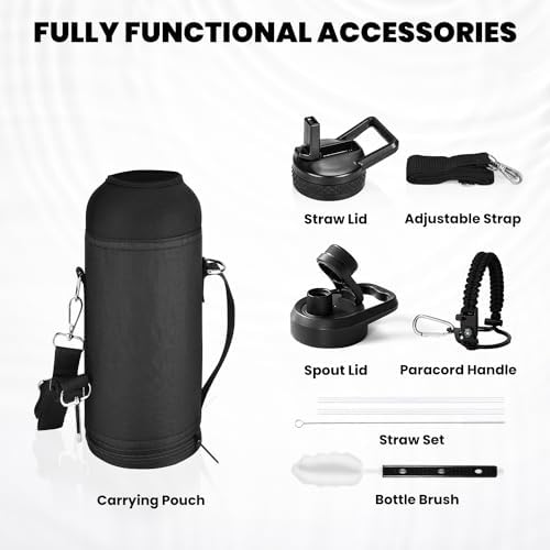 Insulated Water Bottle 40 oz, Triple Wall Vacuum Stainless Steel (Cold for 48 Hrs), Leak Proof & Non-BPA, Modern Water Flask Jug with Paracord Handle & Straw Spout Lids, Magic Black