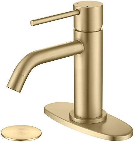 Brushed Gold Bathroom Faucet Single Hole, JXMMP Brass Single Handle Bathroom Sink Faucet with Pop Up Drain Assembly and 6 inch Deck Plate