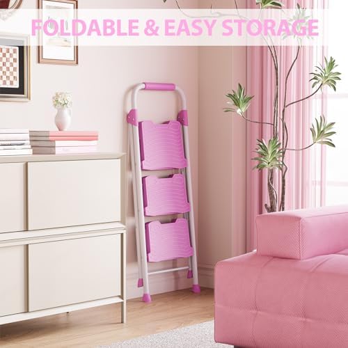 KINGRACK 3 Step Ladder, Sturdy Step Stool with Handrail, Anti-Slip Wide Pedals, 900lbs Foldable Step Stool for Home, Garage, Garden, Household, Large Loading Capacity, Pink