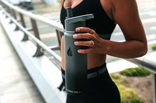 HYDRO CELL Stainless Steel Insulated Water Bottle with Straw - For Cold & Hot Drinks - Metal Vacuum Flask with Screw Cap and Modern Leakproof Sport Thermos for Adults (Graphite/Black 18oz)