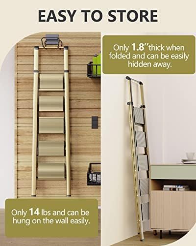 WOA WOA 5 Step Ladder, Ladders for Home, Anti-Slip Pedals, Aluminum Step Stool Foldable, Lightweight to Move, Ease of Storage, Reach 10ft for Closet Kitchen Library, Hold 300lbs - Gold