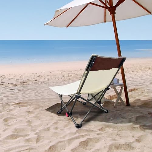 Compact Backpack Beach Chairs 2 Pack with Adjustable Backrest & Side Pocket, Low Folding Camping Chairs for Adults, Portable Reclining Chairs for Beach, Lawn, Travel