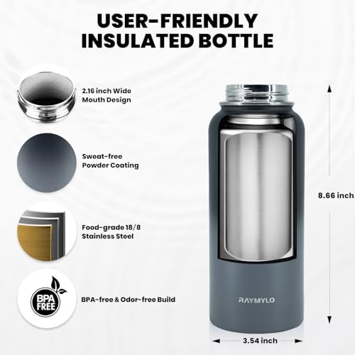 Insulated Water Bottle 32 oz, Triple Wall Vacuum Stainless Steel (Cold for 48 Hrs), Leak Proof & Non-BPA, Modern Water Flask Jug with Paracord Handle & Straw Spout Lids, Dark Grey