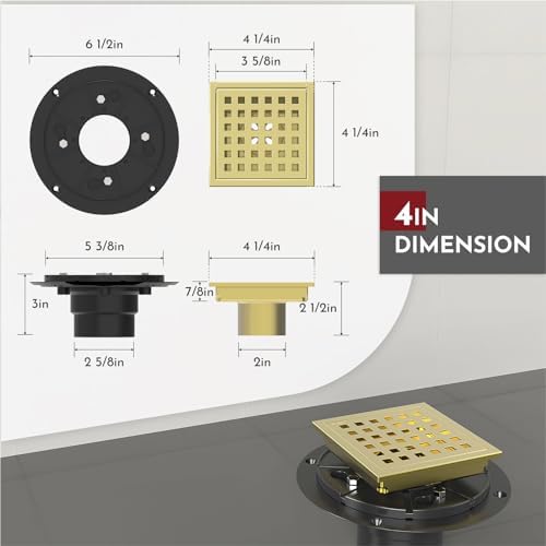 4 Inch Square Shower Floor Drain with Flange,Quadrato Pattern Grate Removable,Food-Grade SUS 304 Stainless Steel,Watermark&CUPC Certified, Brushed Gold