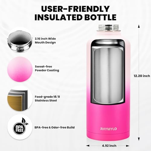 Insulated Water Bottle 87 oz, Triple Wall Vacuum Stainless Steel (Cold for 48 Hrs), Leak Proof & Non-BPA, Modern Water Flask Jug with Paracord Handle & Straw Spout Lids, Ombre Pink