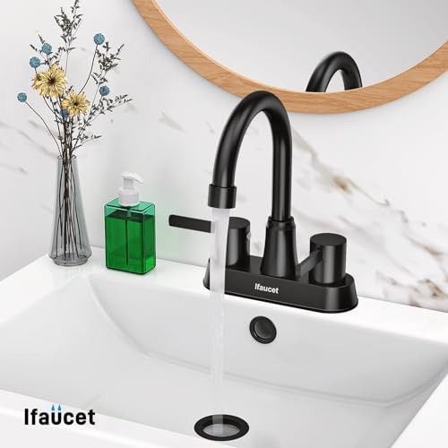 Black Bathroom Faucet 3 Hole, Bathroom Faucets for Sink 3 Hole, Bathroom Sink Faucet, 4 Inch 2 Handle Centerset, Lead-Free, with Copper Pop Up Drain (Matte Black)
