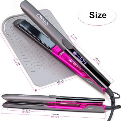 ANGENIL Pro Titanium Flat Iron Hair Straightener and Curler 2 in 1, Dual Voltage - Hair Straightening Ceramic Flat Iron 1-inch with Anti-Scald Heat Resistant Silicone Mat Facial Cleansing Brushes, Lcd