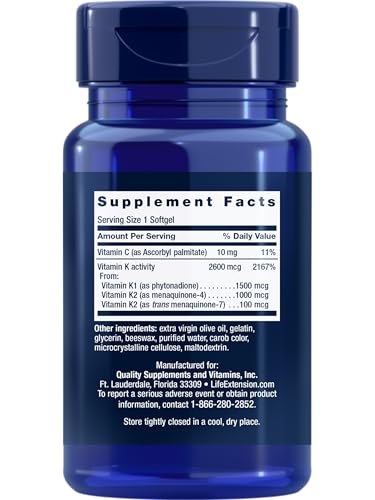 Life Extension Super K, vitamin K1, vitamin K2 mk-7, vitamin K2 mk-4, vitamin C, bone/heart/arterial health, 3-month supply, Gluten-Free, 1 Daily, Non-GMO, 90 softgels