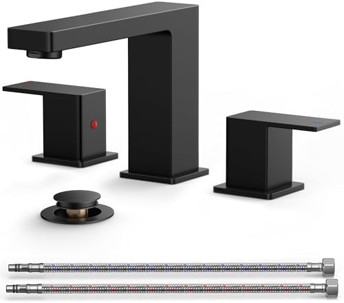 FORIOUS Black Bathroom Faucets 3 Hole, 2 Handle 8 Inch Widespread Bathroom Sink Faucet Matte Black Square for 6-12" Sink Remodel with Pop Up Drain, CUPC Hose and Spare Water Saving Aerator