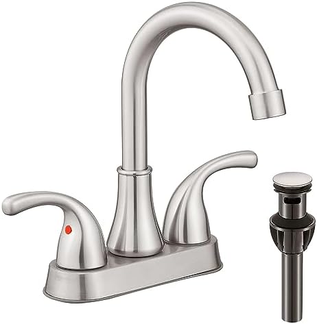Bathroom Sink Faucet FRANSITON 4 Inch Faucet 2 Handle Bathroom Sink Faucets Lead-Free Brushed Nickel Bath Sink Faucets with Pop-up Drain Stopper and Supply Hoses