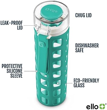 Ello Syndicate 20oz Reusable Glass Water Bottle with One-Touch Leak Proof Flip Lid and Protective Non-Slip Silicone Sleeve and Carry Loop for Coffee, Tea and Water, BPA-free Dishwasher Safe