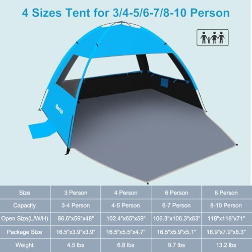 Gorich Beach Tent Sun Shelter for 3/4-5/6-7/8-10 Person with UPF 50+ UV Protection, Lightweight & Easy Setup Beach Shade Canopy, Portable Beach Shade Tent Beach Cabana